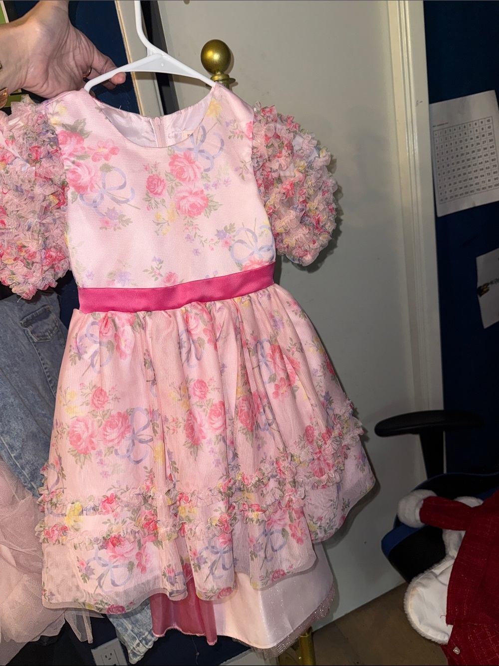 Pink Floral Ruffled Girls Party Dress with Satin Waistband